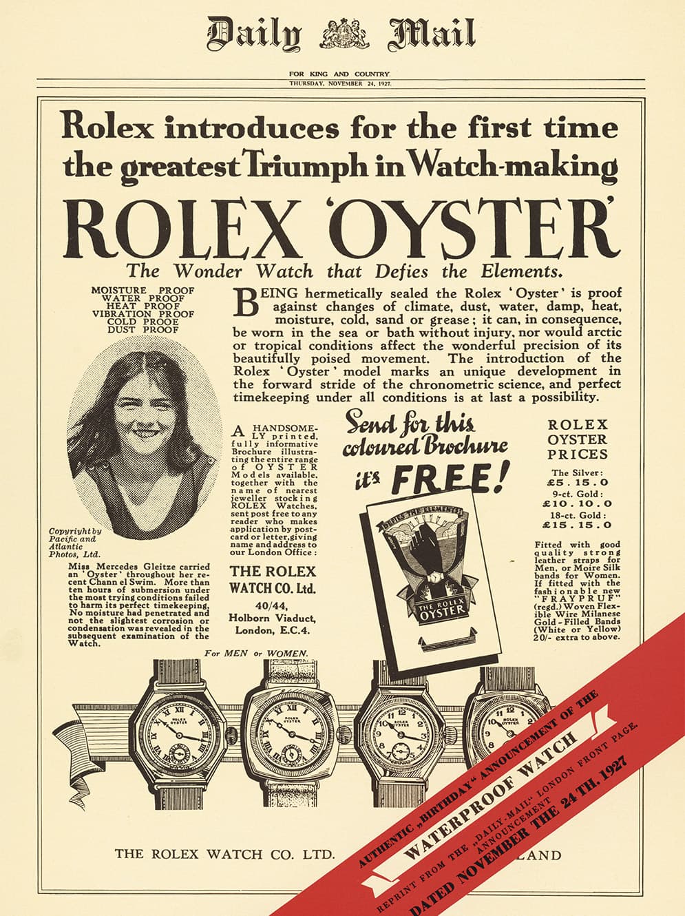 Historic Rolex Oyster newspaper announcement