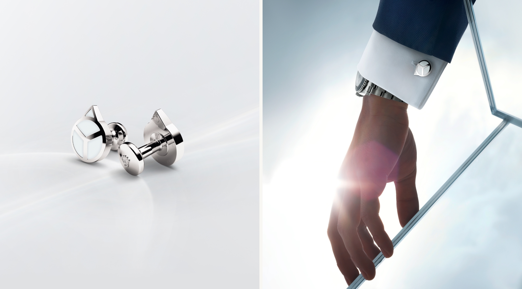 Hand Chromalight cufflinks worn on wrist