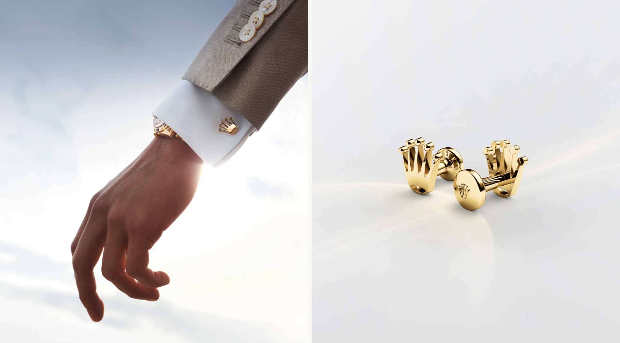 Crown cufflinks worn on wrist