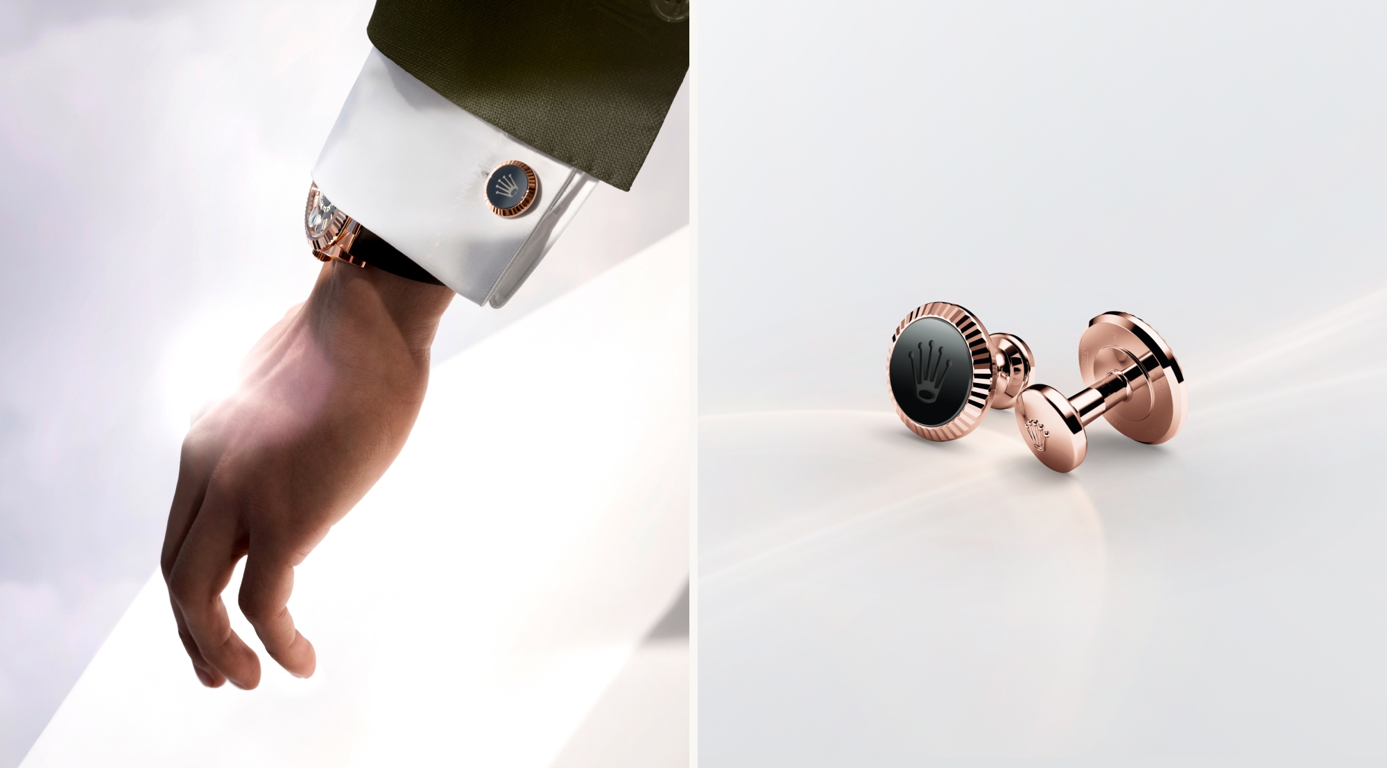 Fluted cufflinks worn on wrist